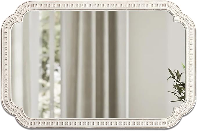 Rustic White Mirrors for Bathroom 24" X 36", Hanging Distressed Finish Carved Wood Scalloped Farmhouse Wall Mirror, Decorative Arched Corner Vintage Mirror, Boho Rectangular Mirrors