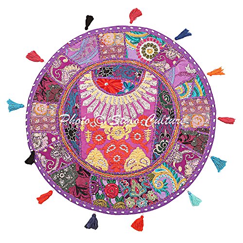 Ethnic Yoga Pillows for Sitting On Floor Vintage Patchwork Pouf Cover Purple 18x18 Decorative Round Decor Seating Tuffet Seat Pouf Cover Footstool Cotton Embroidered 1 Pc - color: Purple
