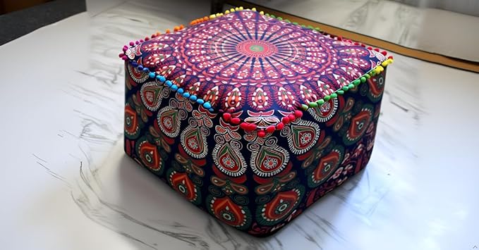 CRAFT KALA Large Hippie Mandala Meditation Floor Ottoman Pillow Cushion Pouf Cover Square Poufs Cover Bohemian Floor Cushion Case Outdoor Fireplace Living Room Decor 22X22X14 inches, Multi Mirchi