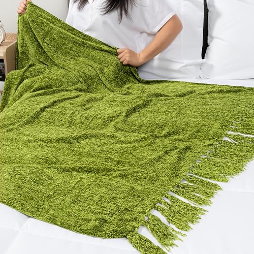 PAVILIA Olive Green Blanket for Couch, Twin Size Bed, Chenille Throw for Sofa Bed, Soft Knit Woven Blanket with Decorative Tassel for Living Room, Olive Green Twin 60x80 - color: Olive, size: 60 X 80 Inches - Twin