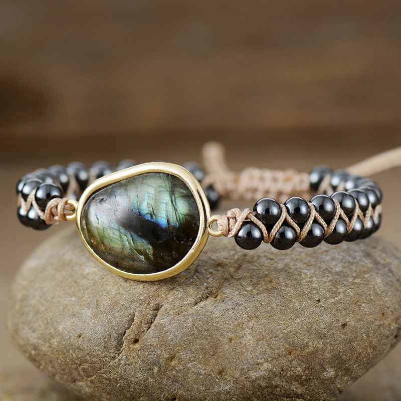 Women Boho Wrap Bracelet,Handmade Natural Stone Crystal Emperor Beads Heart Bracelet, Fashion Bohemian Jewelry Gift for Women - color: Labradorite 2#