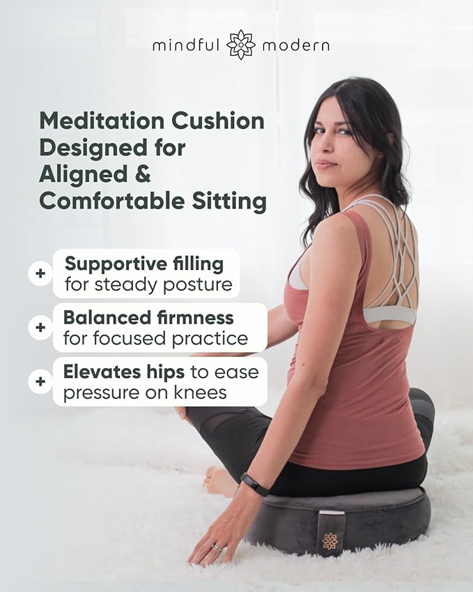 Mindful Modern Velvet Meditation Cushion | Luxe Zafu Yoga Floor Pillow Seat | Posture Support | Buckwheat Hull Filled | Large Round Cushion with Removable Washable Cover + Carry Handle