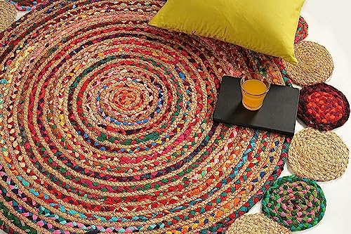 GRUHUM Round Jute Area Rug 7'ft Natural Handwoven Cotton Multi Chindi Boho Colorful Rustic Vintage Soft Braided Reversible Bohemian Rug- Indoor Outdoor Kitchen Bedroom Living Hallways 7'ft Circle - color: Multi Color- 11, size: 7' (Round)