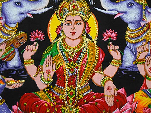 Lakshmi Ganesha Saraswati Batik Cotton Wall Hanging Sequins Painting : Size 43"x30" Inches - color: Lakshmi Ganesha Saraswati - Diwali Pujan