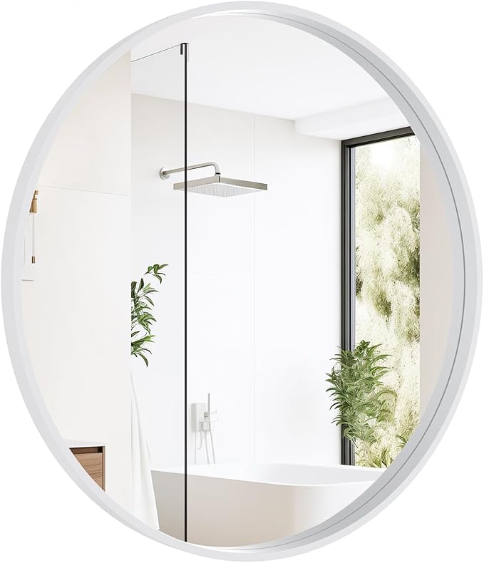 WallBeyond Round Wood Mirror 28 inch Circle Wall Mirror for Bathroom Round Wall Mirror for Wall Decor, Vanity, Entryway Living Room (White)