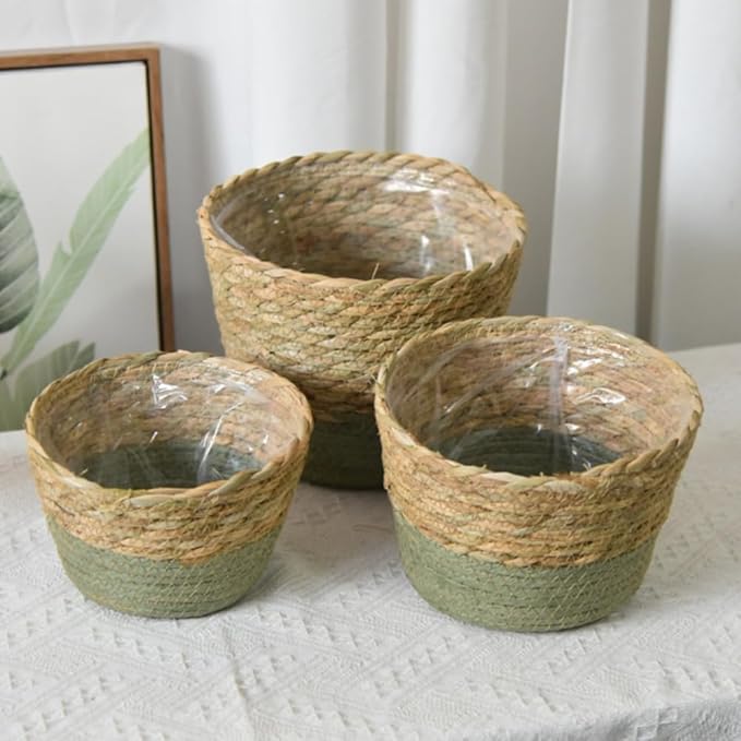 Natural Handwoven Seagrass Planter Basket with Waterproof Liner, Multi-Use Belly Wicker Storage Basket for Plant Pot Cover Indoor Outdoor(Green,6.89''X4.72'')