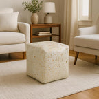 Unstuffed Premium Hair-on Leather Ottoman Pouf Cover, Boho Handmade Genuine Cowhide Square Footstool, Modern Cube Ottoman Footrest for Home Decor Living Room, Bedroom - 18X18 Inch, White & Gold