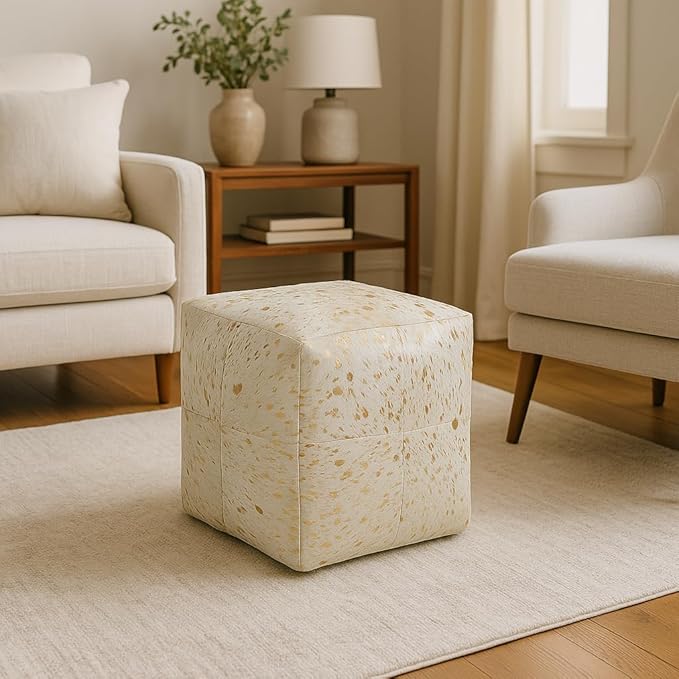 Unstuffed Premium Hair-on Leather Ottoman Pouf Cover, Boho Handmade Genuine Cowhide Square Footstool, Modern Cube Ottoman Footrest for Home Decor Living Room, Bedroom - 18X18 Inch, White & Gold