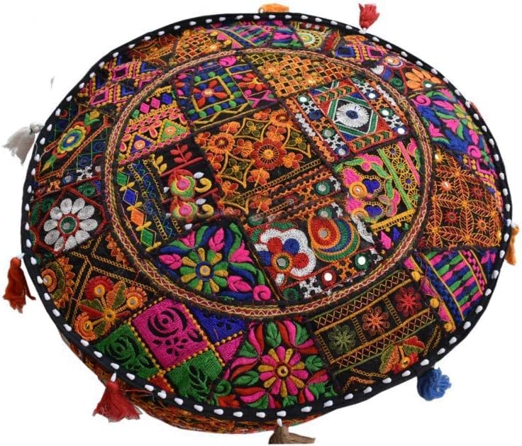 Indian Pouf Footstool Ethnic Embroidered Pouf Cover, India Cotton Round Pouffe Ottoman Pouf Cover Pillow Ethnic Decor Art-Cover Only-Indian Ottoman poufs - color: Black Rajkoti, size: 18"D x 18"W x 14"H