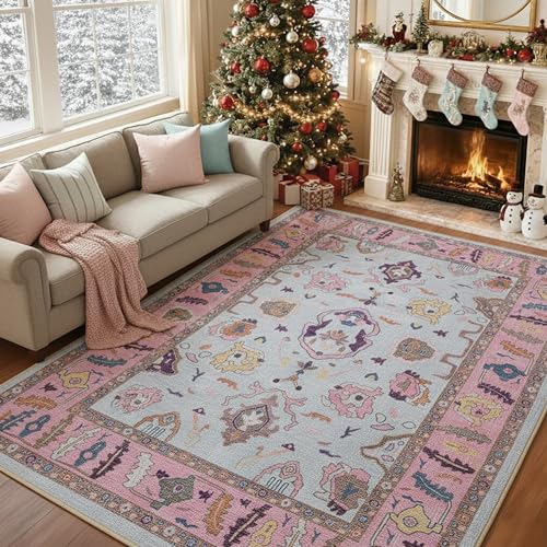 Fame Rugs Pink Beige Modern Oushak Rug 5x7, Washable Vintage Turkish Colorful Oriental Antique Inspired Area Rugs, Luxury Living Room Bedroom (390PP, 6' x 9') - color: 390pp, size: 6' x 9' (Rectangular)