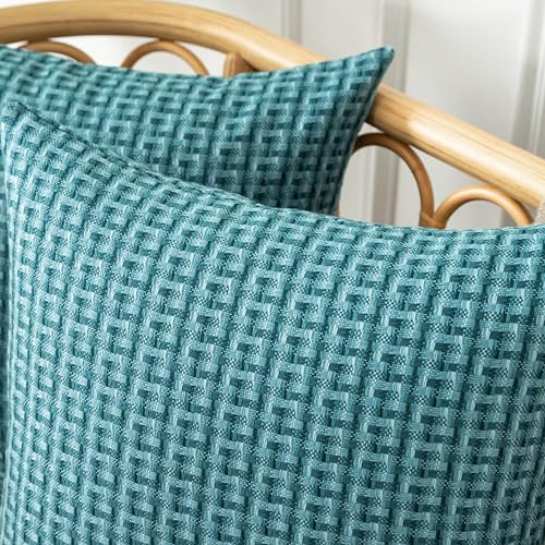 UGASA Outdoor Waterproof Pillow Covers Pack of 2 Weaving Texture Water Resistant Outside Decorative Pillow Cases for Patio Garden Porch Yard Bench Tent 18x18 Inch, Teal - color: Teal, size: 18" x 18" (Pack of 2)