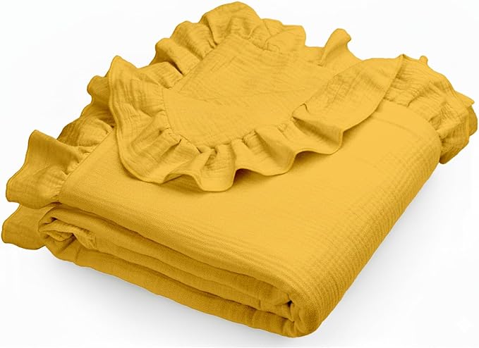 Muslin Ruffled Baby Blanket, Extra Large 52 x 52 Inches, Soft Breathable Cotton Crib Blanket for Newborn Infant Toddler (Mustard Yellow-Ruffled, Printed)