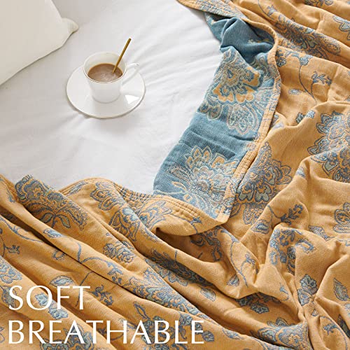 jinchan Boho 100% Cotton Muslin Twin Size 60x80 Inches Blanket Lightweight 4-Layer Quilted Soft Yellow and Blue Floral Throw Blanket Reversible Comfy Flower Breathable All Seasons Couch Bedroom Decor - color: Floral Yellow Blue, size: 60"x80"