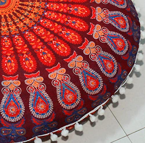 Round Mandala Floor Pillow Cover Seating Cushion Throw Cover Ottoman Pouf Cover Pom Pom Pillow Cases Hippie Decorative Bohemian Boho Indian 22 Inches (Maroon) - color: Maroon