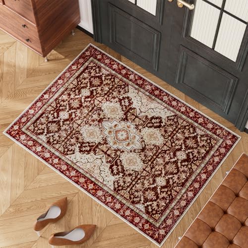 AMTOVO 2x3 Washable Entryway Area Rug Door Mat, Vintage Boho Distressed Print Pattern Non-Slip Carpet, Small Throw Rug for Indoor Entrance Kitchen Bedroom Bathroom Laundry Floor, Vintage Red - color: Vintage Red, size: 2' x 3' (Rectangular)