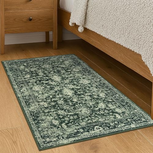 KILOCOCO Moroccan Small Area Rug 2x3 Entryway Rugs Printed Vintage Floral Washable Rug Non-Slip Kitchen Rug Indoor Door Mat, Accent Throw Small Rugs for Laundry Room Bedroom Entrance, Green - color: Dark Green/White, size: 2' x 3' (Rectangular)