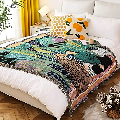 LumiSyne Double-Sided Cotton Woven Throw Blanket with Tassel Jungle Bohemian Style Tapestry Shawl Multi-Function Decorative Throws for Sofa Bed Armchair Camping Blanket Tablecloth Carpet 160x130cm - color: Jungle