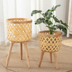 3 Pieces Rattan Woven Indoor Plant Stand, Boho Plant Stand,Woven Plant Pot on Wooden Standing Legs,Indoor/Outdoor Plant Stand for Living Room Balcony Decor