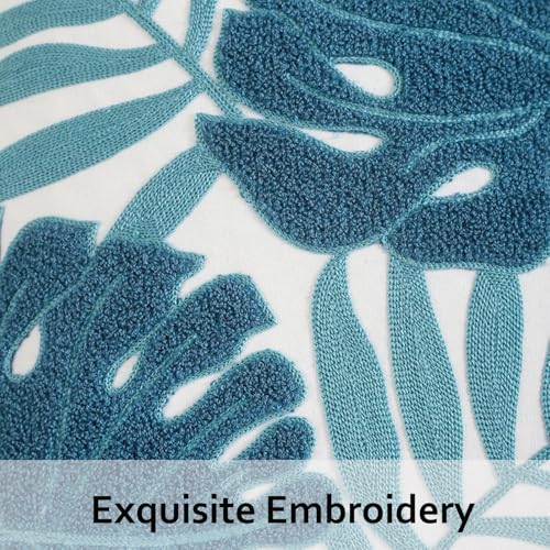 Embroidered Throw Pillow Covers 18x18 Pack of 2 Blue Botanical Tropical Leaf Pillow Covers Beach Ocean-Themed Decorative Cushions Case Farmhouse Boho Plant Tufted Pillowcases for Summer - color: Blue Tropical Leaf, size: 18" x 18" (Pack of 2)