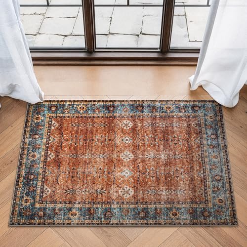 Bloom Rugs Washable Non-Slip 2' x 3' Rug - Orange/Teal Blue Traditional Bordered Area Rug for Living Room, Bedroom, Dining Room, and Kitchen - Exact Size: 2' x 3' - color: Orange/Teal Blue, size: 2' x 3' (Rectangular)
