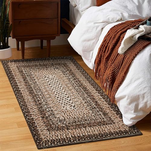 RUGSREAL 2x3 Entry Rug Small Bedroom Area Rug Braided Printed Mat for Living Room Farmhouse Kitchen Mat Indoor Non Slip Rustic Throw Carpet Machine Washable Rug for Sink Under Table, Brown - color: Brown, size: 2' x 3' (Rectangular)