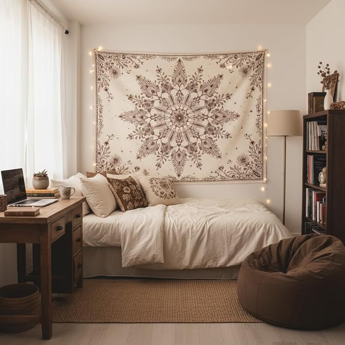 Accnicc Boho Floral Mandala Tapestry Wall Hanging Bohemian Beige Flower Tapestry Aesthetic Hippie Indian Small Tapestries for Bedroom Living Room Dorm Decor 48 x 36 Inch