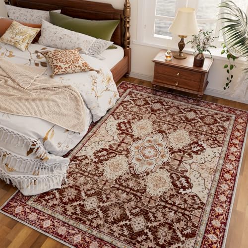 AMTOVO Area Rugs 5'x7' Washable Non-Slip, Vintage Boho Distressed Print Pattern Rugs for Living Room, Soft Low Pile Carpet for Bedroom Indoor Playroom Nursery Farmhouse Dining Room, Vintage Red - color: Vintage Red, size: 5' x 7' (Rectangular)