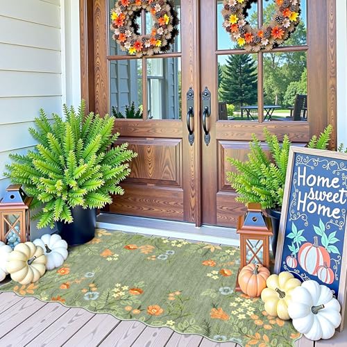 Front Door Mat Indoor Entrance - 2x4.3 Ft Sage Green Floral Washable Layered Doormat Outdoor Entrance Porch Rug Non-Slip Boho Runner Rug for Kitchen Hallway Bedroom Laundry Room Porch Decor - color: Floral - Green, size: 2' x 4'3" (Rectangular)