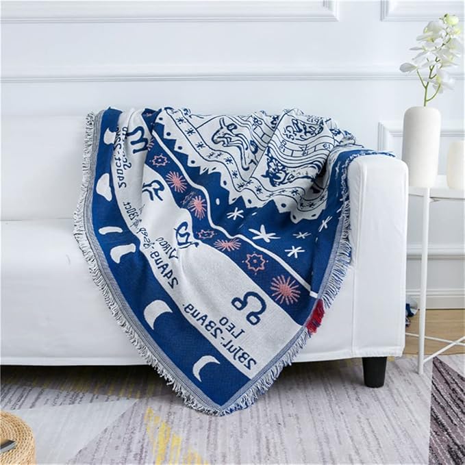 Boho Throw Blankets Woven Reversible Cotton Bohemian Tapestry Hippie Room Decor Witchy Astrology Zodiac Celestial Constellation Carpet Bed Recliner Chair Couch Sofa Cover Double Sided 50"x70"