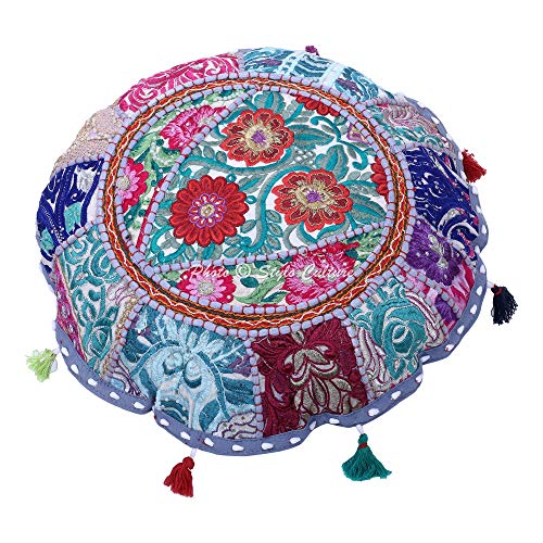 Indian Yoga Throw Pillows for Bedroom Vintage Patchwork Cushion Cover Grey 18x18 Decorative Round Decor Seating Tuffet Seat Pouf Cover Footstool Cotton Embroidered 1 Pc - color: Grey