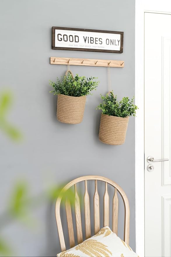 Dahey 2 Pack Wall Hanging Rope Basket (6.5"W×7"H) with Artificial Eucalyptus, Jute Woven Storage Organizer Flower Plants Basket Farmhouse Rustic Wall Decor for Porch Living Room Bedroom Entryway,Brown