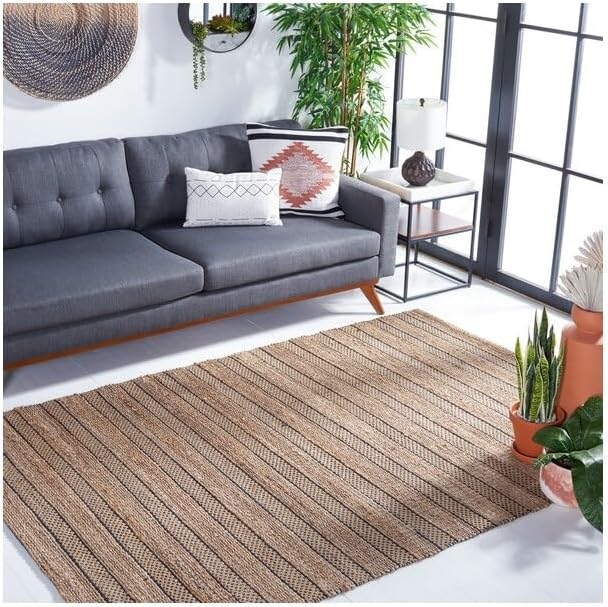 SAFAVIEH Natural Fiber Collection Area Rug - 6'6" Square, Black & Natural, Handmade Boho Farmhouse Rustic Jute & Cotton, Ideal for High Traffic Areas in Living Room, Bedroom (NFB654Z)