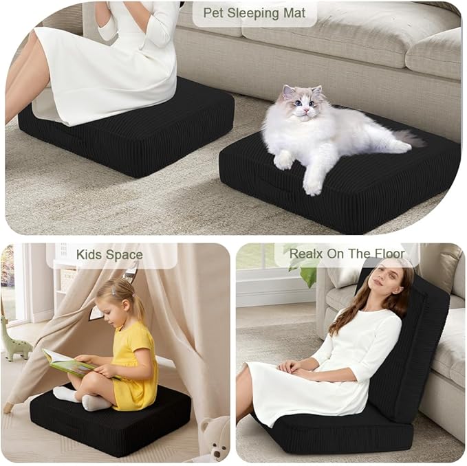 Floor Pillow for Adults, 4" Square Floor Cushions with Washable Cover, Large Corduroy Meditation Pillow, 24 inches Tatami Seat with Handle for Living Room or Yoga, Black