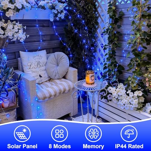QITONG Solar Fairy Lights Outdoor Waterproof, 2 Pack Each 66ft 200 LED Blue Christmas String Lights, Silver Wire Twinkle Mini Lights with 8 Modes - color: Blue