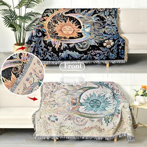 Boho Throw Blanket Reversible Cotton Bohemian Tapestry Hippie Room Decor Outdoor Blanket Double Sided (Boho Sun Black 50"x60") - color: Boho Sun 2, size: 50*60 inch
