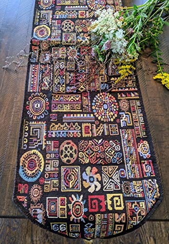 DaDa Bedding Bohemian Tapestry Table Runner - Greek Ethnic Ornament Geometric Calligraphy Black Textile - Multi-Colorful Dark Cotton Linen Woven Kitchen Dining Mats - Oversized 13" x 120" - size: 13" x 120"