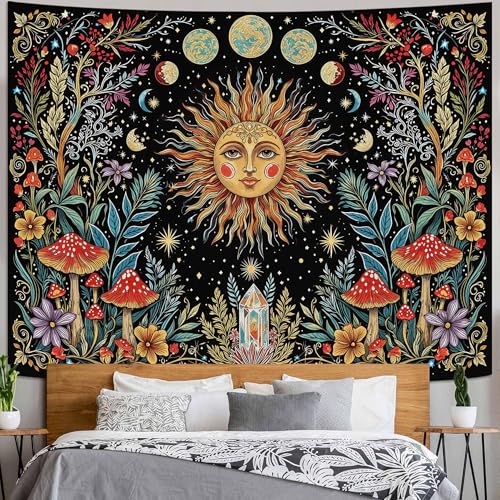Accnicc Boho Sun and Moon Tapestry Hippie Mushroom Floral Wall Tapestry for Bedroom Aesthetic Vintage Plant Celestial Spiritual Large Tapestries Wall Hanging for Dorm Living Room Decor 80 x 60 Inch - color: Yellow Red, size: 80"L x 60"W