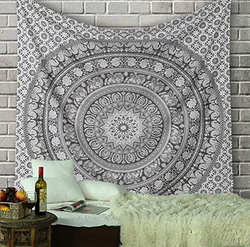 RAJRANG Elephant Mandala Tapestry Cotton Wall Hanging Hippy Tapestries Hippie Beach Throw College Dorm Decor Bohemian Boho Bedsheet - Grey - King 90x108 Inches - color: Pebble grey, size: 90"L x 108"W