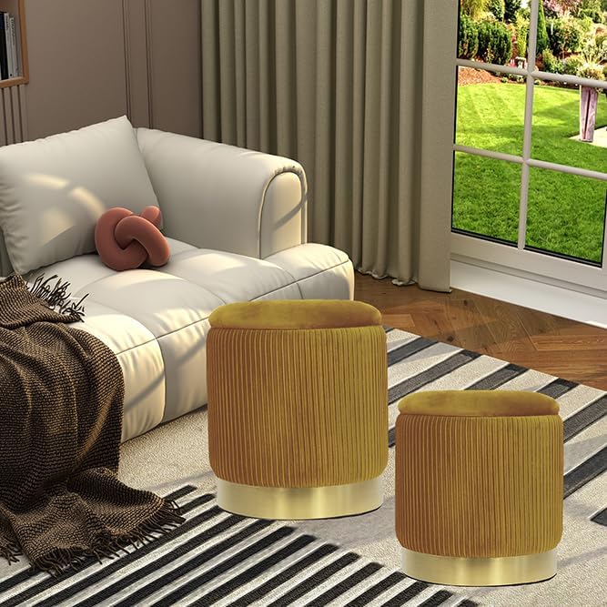 Round Set of 2 Velvet Ottoman with Storage,Round Yellow Storage Ottoman for Living Room or Dorm, Vanity Stool Chair for Bedroom