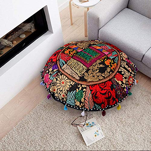 Rajasthani Handmade Colorful Decorative Floor Pillow Cover Meditation Patchwork Patchwork Cushion Seating Accent Boho Chic Indian Handmade Cover ONLY (Black Patchwork, 32x32 Inches) - color: Black