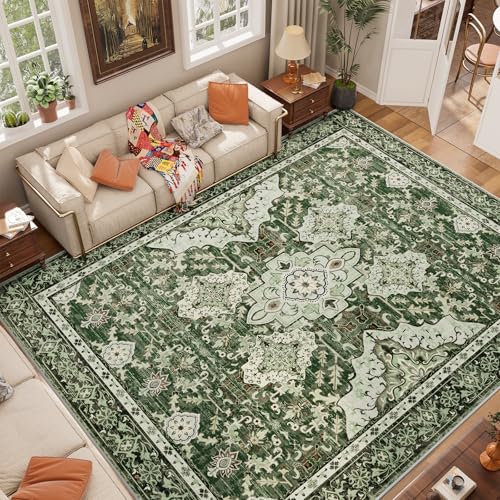 AMTOVO 8x10 Area Rugs for Living Room, Non-Slip Large Boho Vintage Medallion Floral Retro Print Pattern Carpet for Bedroom Dining Room Home Office Nursery Dorm Farmhouse, Dark Green - color: Dark Green, size: 8' x 10' (Rectangular)