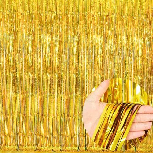 Gold Foil Fringe Curtain Backdrop – 2 Pack Metallic Tinsel Streamer Curtains 3.2ft x 6.4ft for Birthday, Graduation, Baby Shower, New Year’s Eve & Photo Booth Party Decorations | Fiesta Cart - color: Gold
