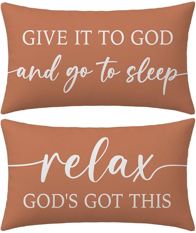 Rust Orange Fall Pillow Covers 12x20 Inch Set of 2 – Give It to God and Go to Sleep/Relax God’s Got This – Christian Throw Pillow Cover for Couch or Entryway