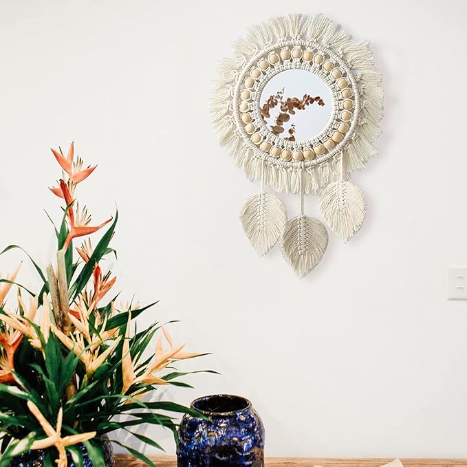 Artilady Macrame Hanging Wall Mirror - Boho Fringe Round Handmade Decorative Acrylic Mirror for Apartment Living Room Bedroom Baby Nursery Home Decor (Leaf)