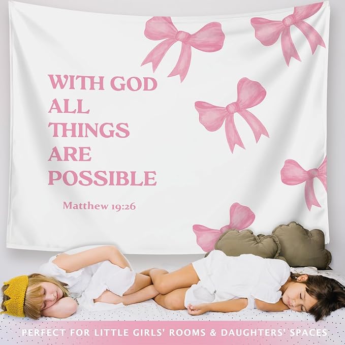 LIANGW Coquette Pink Bow Christian Tapestry Aesthetic, Coquette Preppy Room Decor for Teen Girls & Women, Wall Tapestry for Bedroom, Bible Verses Tapestries Wall Hanging 50x60 inche