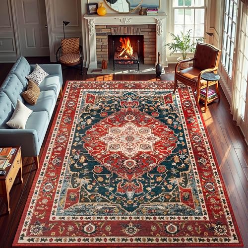 YJ.GWL Area Rugs for Living Room 10x14 Machine Washable Rugs, Non Slip Floral Vintage Rug Indoor Carpet, Stain Resistant Large Rug for Bedroom Dining Room, Orange-Red - color: Orange-red, size: 10' x 14' (Rectangular)