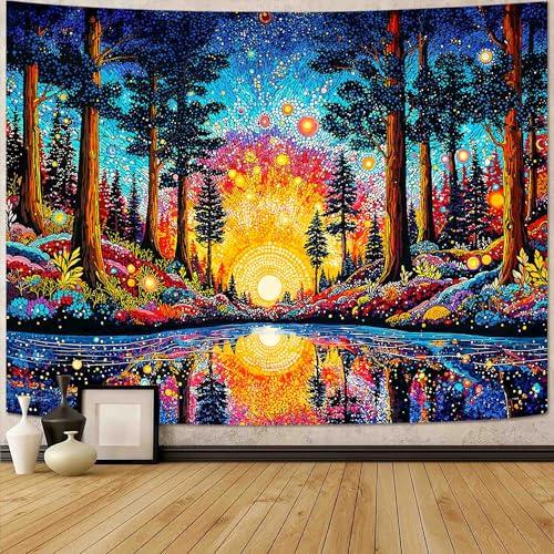 Lunerfex Sunrise Forest Lake Wall Tapestry, Trippy Nature Landscape Tapestries for Home Decor, Colorful Tapestry 80x60 Inch - color: Pale Green Beige, size: 80"L x 60"W