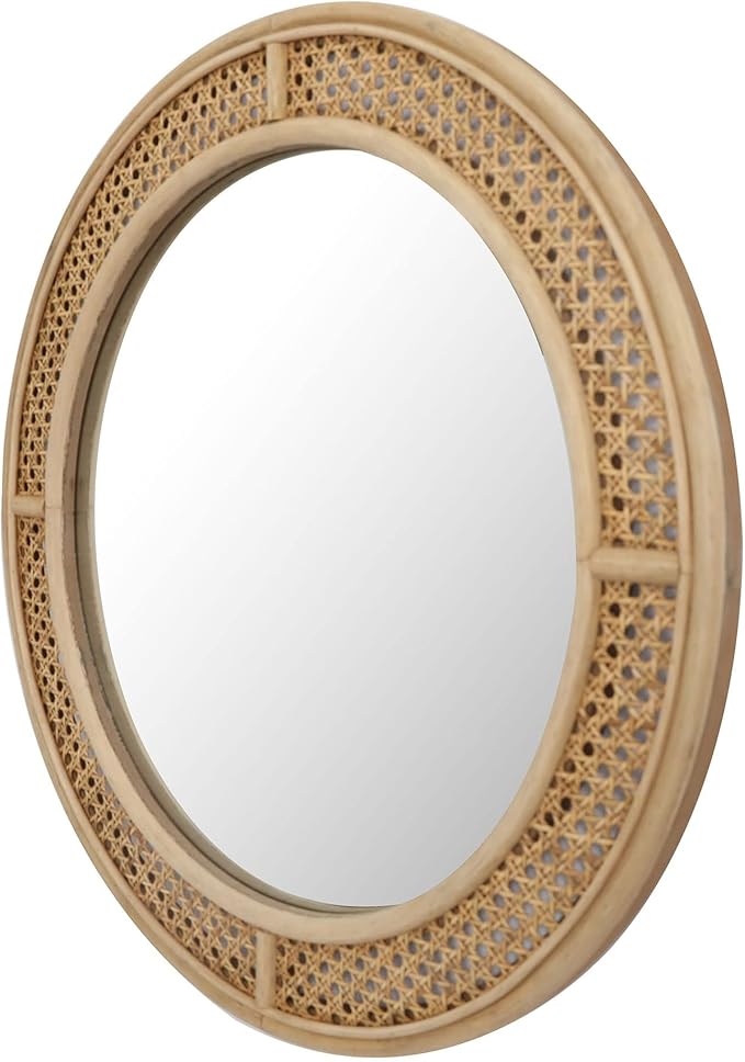 FLORA Round Rattan Wall Mirror with Wooden Framed, Modern Boho Decorative Mirror for Bathroom, Entry, Living Room, Bedroom, 24 Inch