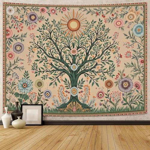 Lunerfex Chakra Tree Wall Tapestry - Celestial Sun & Floral Wall Hanging for Bedroom and Living Room - Boho Spiritual Decor Tapestries 80"x60" - color: Cream Green, size: 80"L x 60"W
