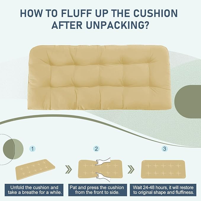 downluxe Outdoor Bench Cushion for Patio Furniture, Water Resistant Tufted Overstuffed Porch Swing Cushions, Thick Outdoor Loveseat Cushions, 44" X 19" X 5", Khaki, Set of 1